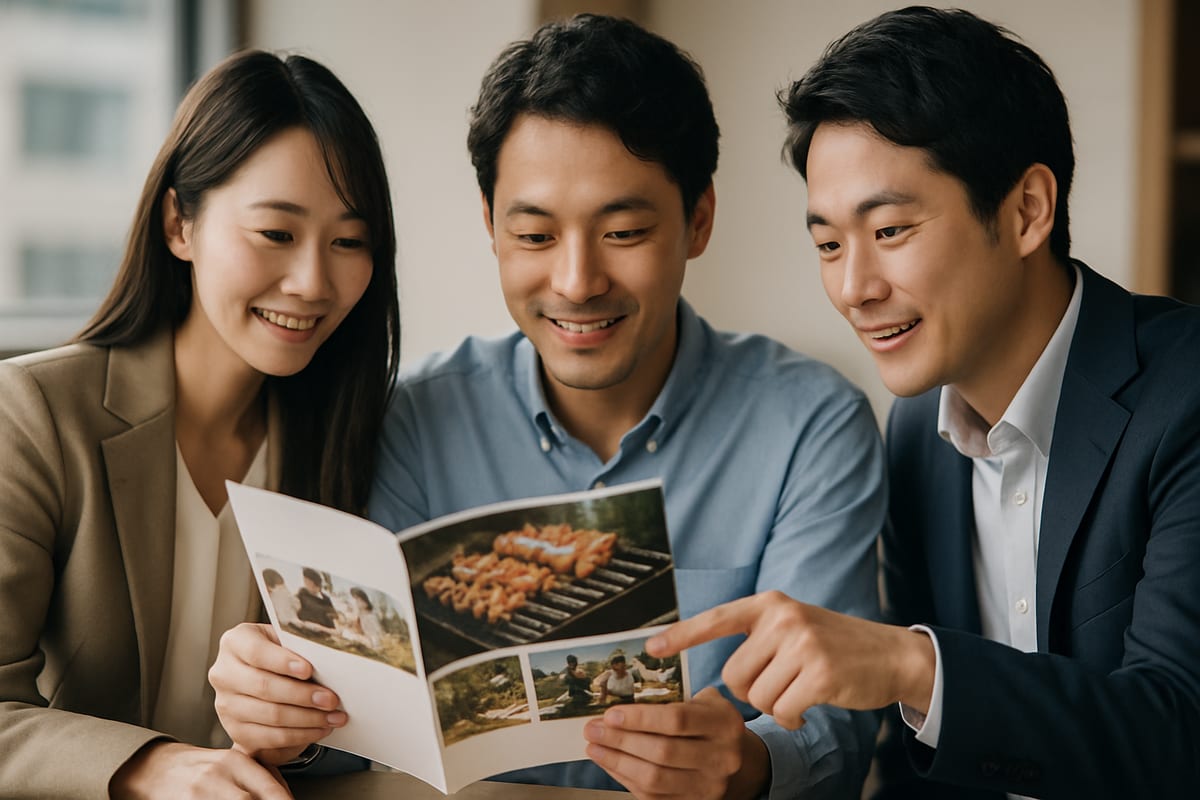 社員同士でパンフレットを見てBBQ企画を検討している