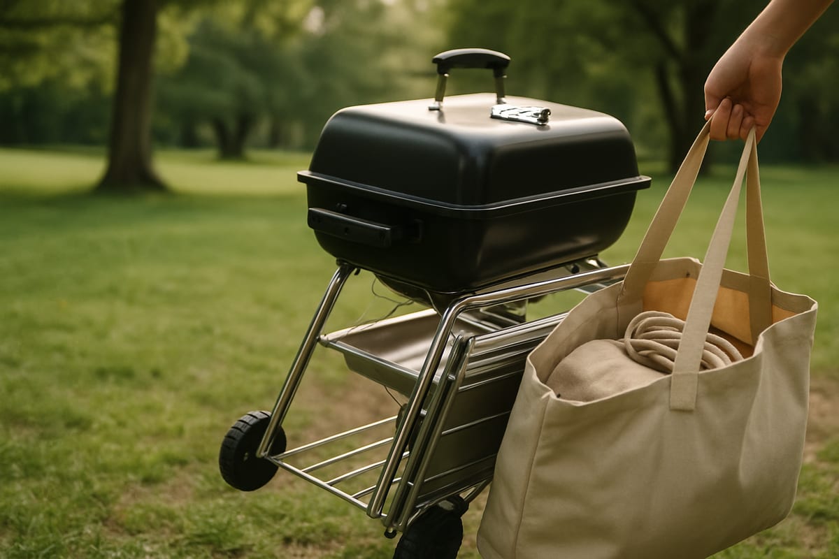 みどりの公園でBBQ機材を運んで重そうにしている