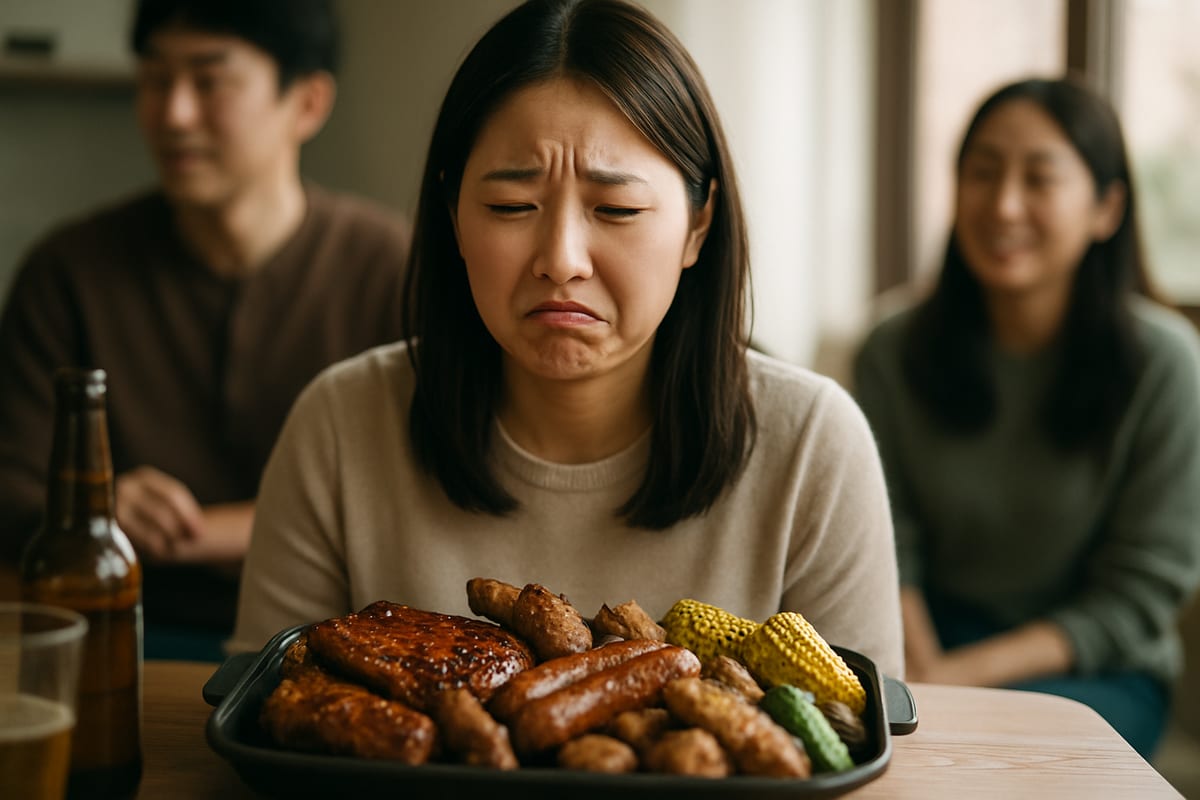 BBQ料理を見て食べたくない顔をする