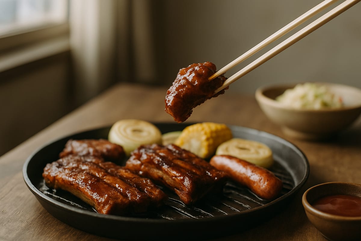 BBQ料理を割りばしでつかんで食べようとするところ