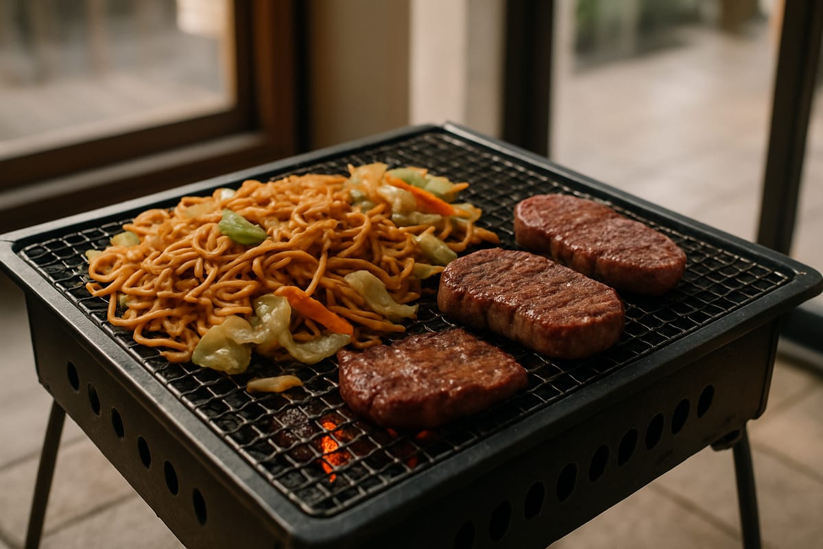 BBQコンロで焼きそばや肉