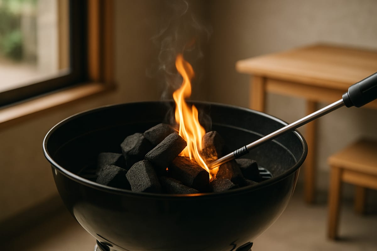 BBQのコンロを準備し、コンロに入れている炭に火をつけるところ