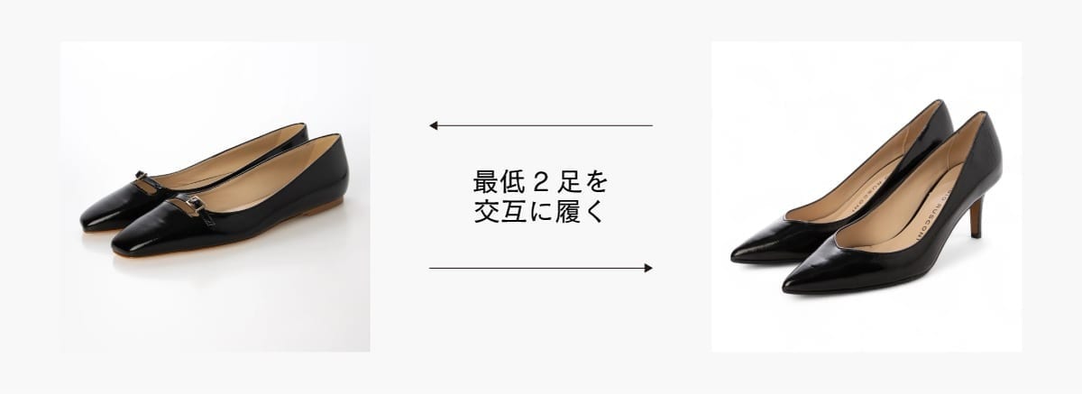 下記内容への挿絵
平日用に最低2足を交互に履く理由
靴は履いた後、湿気を含んだ状態がしばらく続きます。同じ靴を毎日履き続けると、革やインソールが乾く時間がなく、型崩れやにおいの原因になりやすいもの。平日用に2足を交互に履くだけで、それぞれの靴が休む時間を確保できます。黒やベージュなど合わせやすい色を1足ずつ持っておくと、服装を選ばず使えて実用的です。